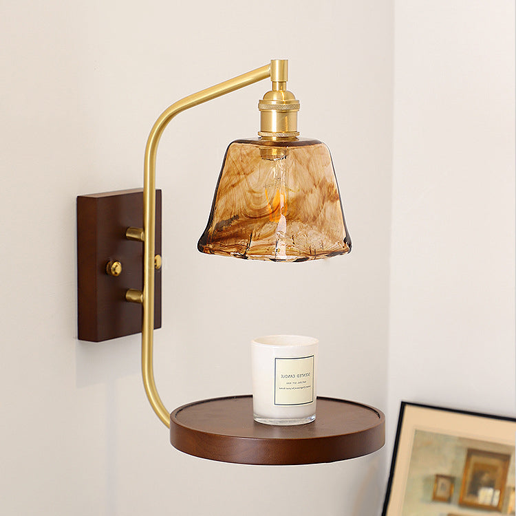 Contemporary Retro Brass Glass Rubber Wood Shelf Disk Ice Cube 1-Light Wall Sconce Lamp For Bedside