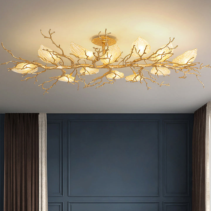 Contemporary Luxury Copper Branch Leaf 10/15 Light Semi-Flush Mount Ceiling Light For Living Room
