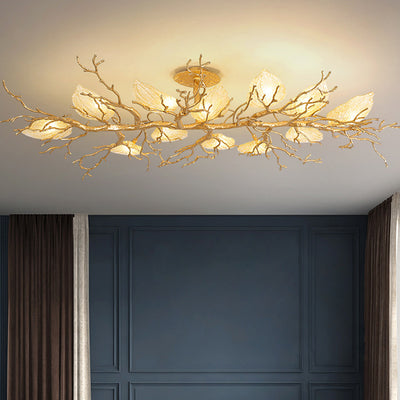Lustre semi-encastré contemporain en cuivre avec branches et feuilles 10/15 lumières pour salon 