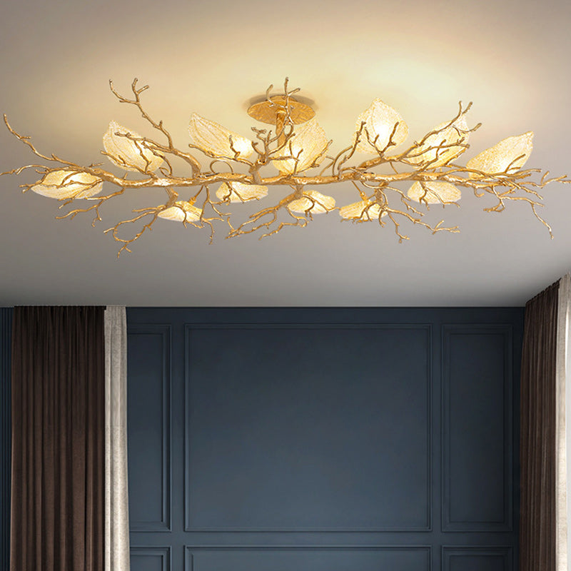 Lustre semi-encastré contemporain en cuivre avec branches et feuilles 10/15 lumières pour salon 