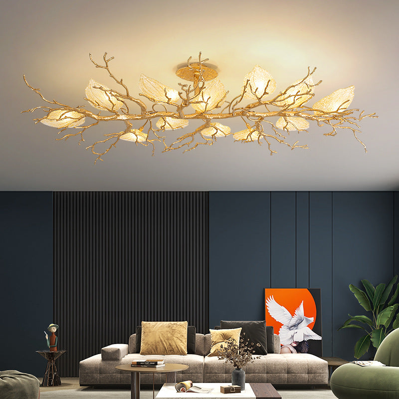 Lustre semi-encastré contemporain en cuivre avec branches et feuilles 10/15 lumières pour salon 