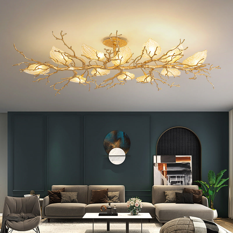 Lustre semi-encastré contemporain en cuivre avec branches et feuilles 10/15 lumières pour salon 