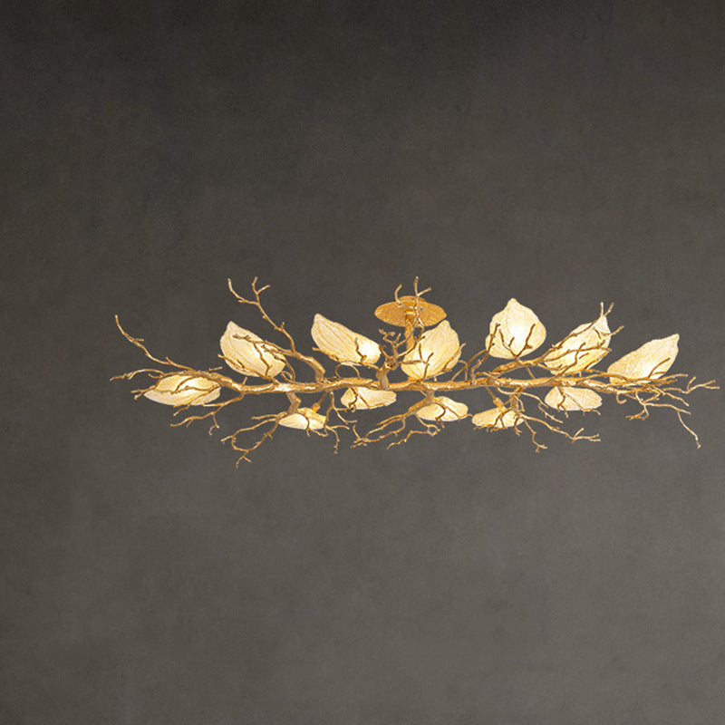 Lustre semi-encastré contemporain en cuivre avec branches et feuilles 10/15 lumières pour salon 