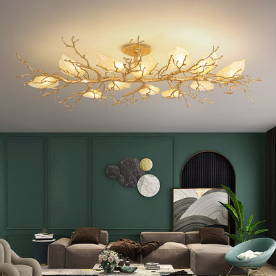 Lustre semi-encastré contemporain en cuivre avec branches et feuilles 10/15 lumières pour salon 