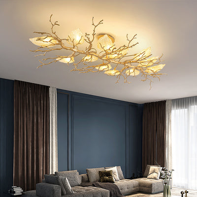Lustre semi-encastré contemporain en cuivre avec branches et feuilles 10/15 lumières pour salon 