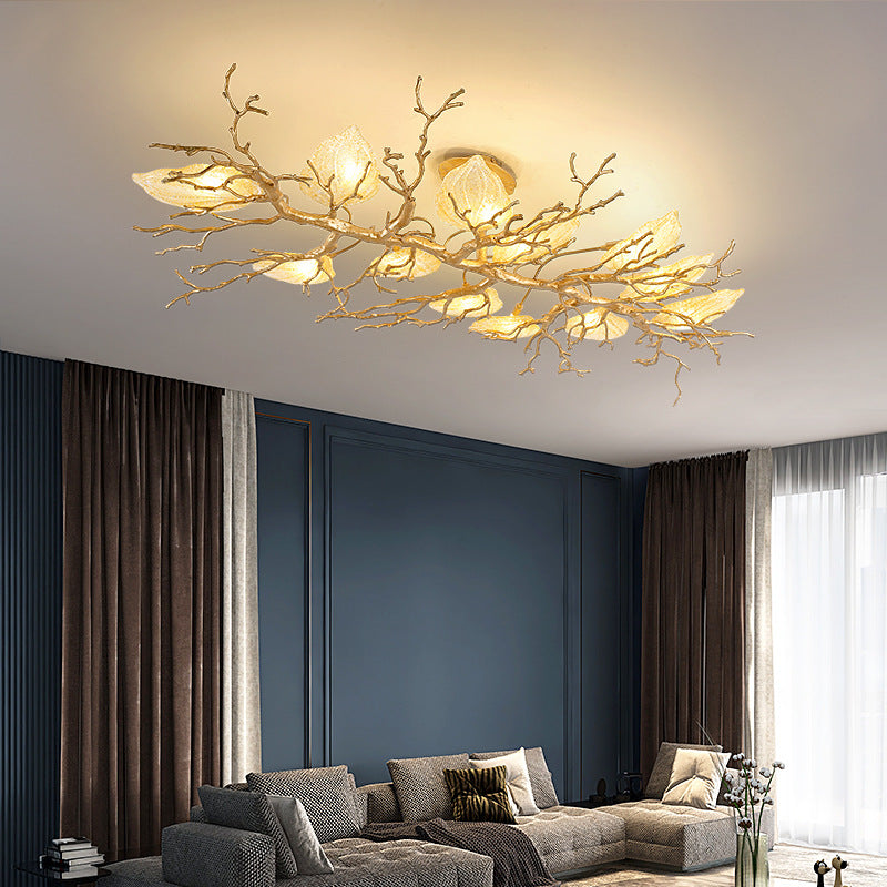 Lustre semi-encastré contemporain en cuivre avec branches et feuilles 10/15 lumières pour salon 