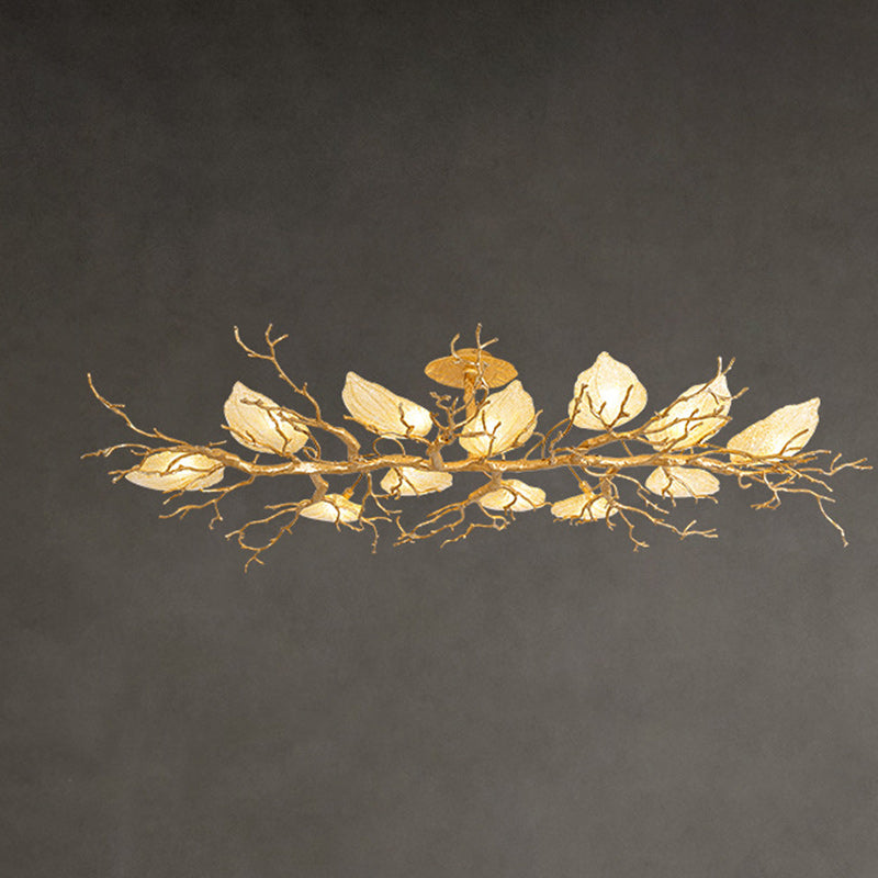 Lustre semi-encastré contemporain en cuivre avec branches et feuilles 10/15 lumières pour salon 