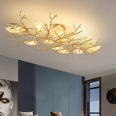 Lustre semi-encastré contemporain en cuivre avec branches et feuilles 10/15 lumières pour salon 