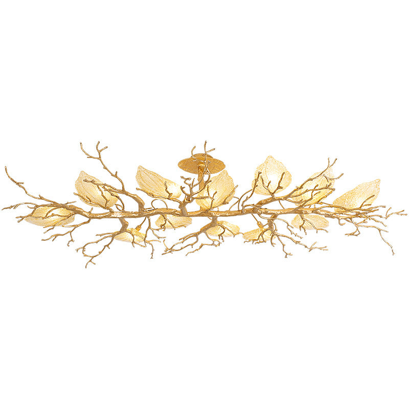 Lustre semi-encastré contemporain en cuivre avec branches et feuilles 10/15 lumières pour salon 