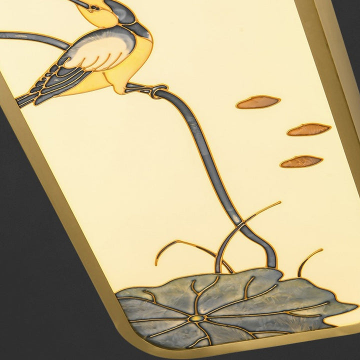 Luz de techo LED montada al ras rectangular de pájaro hoja de pintura acrílica de cobre chino tradicional para pasillo 
