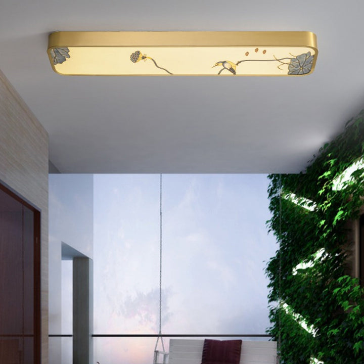 Traditionelle chinesische Kupfer Acryl Malerei Blatt Vogel rechteckige LED Unterputz Deckenleuchte für Flur 