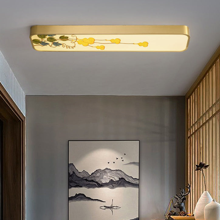Luz de techo LED montada al ras rectangular de pájaro hoja de pintura acrílica de cobre chino tradicional para pasillo 