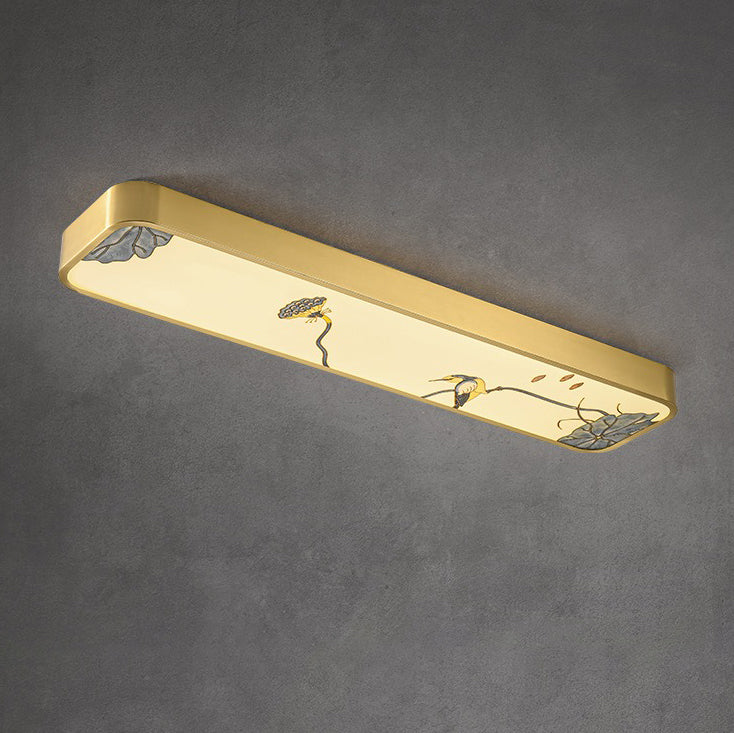 Luz de techo LED montada al ras rectangular de pájaro hoja de pintura acrílica de cobre chino tradicional para pasillo 