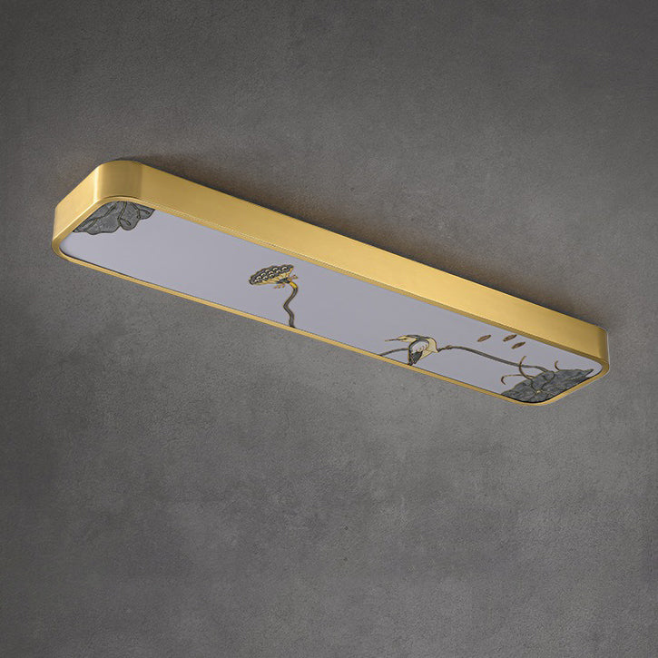 Luz de techo LED montada al ras rectangular de pájaro hoja de pintura acrílica de cobre chino tradicional para pasillo 