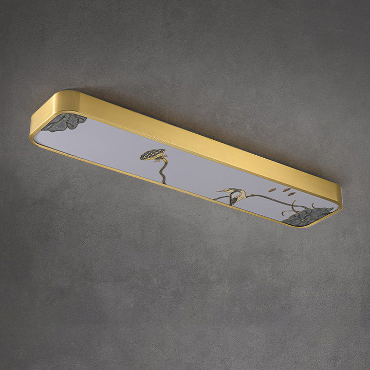 Luz de techo LED montada al ras rectangular de pájaro hoja de pintura acrílica de cobre chino tradicional para pasillo 