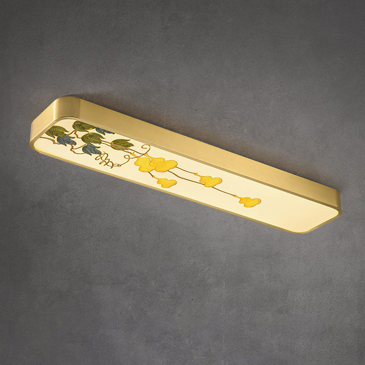 Luz de techo LED montada al ras rectangular de pájaro hoja de pintura acrílica de cobre chino tradicional para pasillo 