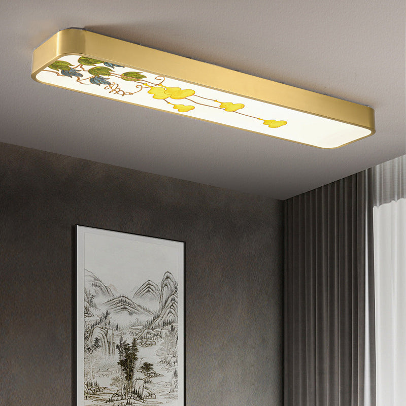 Luz de techo LED montada al ras rectangular de pájaro hoja de pintura acrílica de cobre chino tradicional para pasillo 