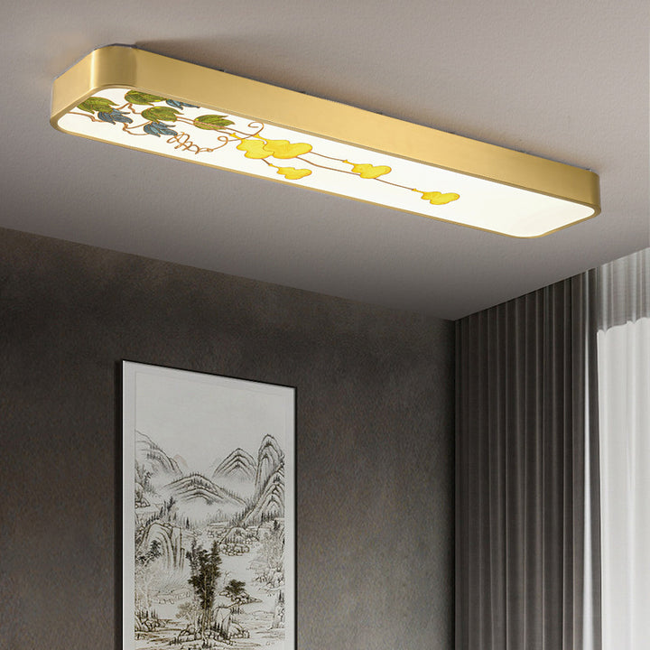 Luz de techo LED montada al ras rectangular de pájaro hoja de pintura acrílica de cobre chino tradicional para pasillo 