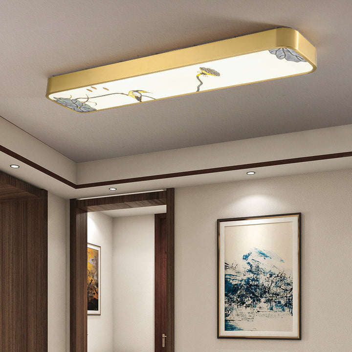 Luz de techo LED montada al ras rectangular de pájaro hoja de pintura acrílica de cobre chino tradicional para pasillo 