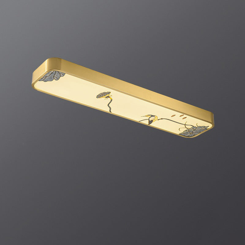 Luz de techo LED montada al ras rectangular de pájaro hoja de pintura acrílica de cobre chino tradicional para pasillo 