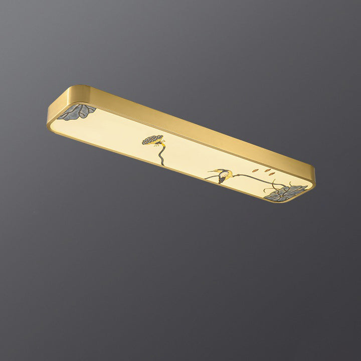 Luz de techo LED montada al ras rectangular de pájaro hoja de pintura acrílica de cobre chino tradicional para pasillo 
