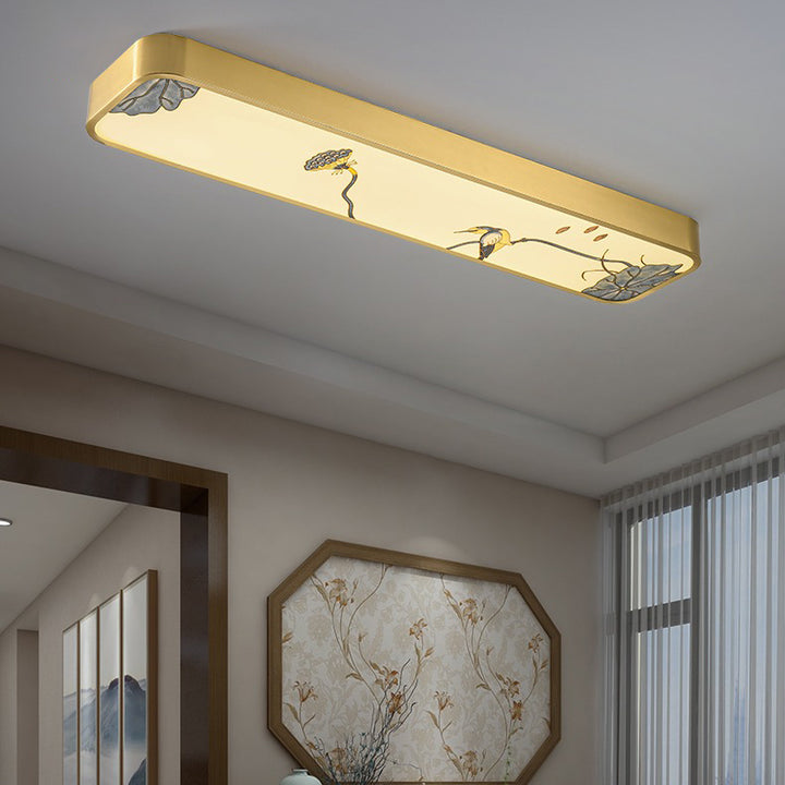 Traditionelle chinesische Kupfer Acryl Malerei Blatt Vogel rechteckige LED Unterputz Deckenleuchte für Flur 