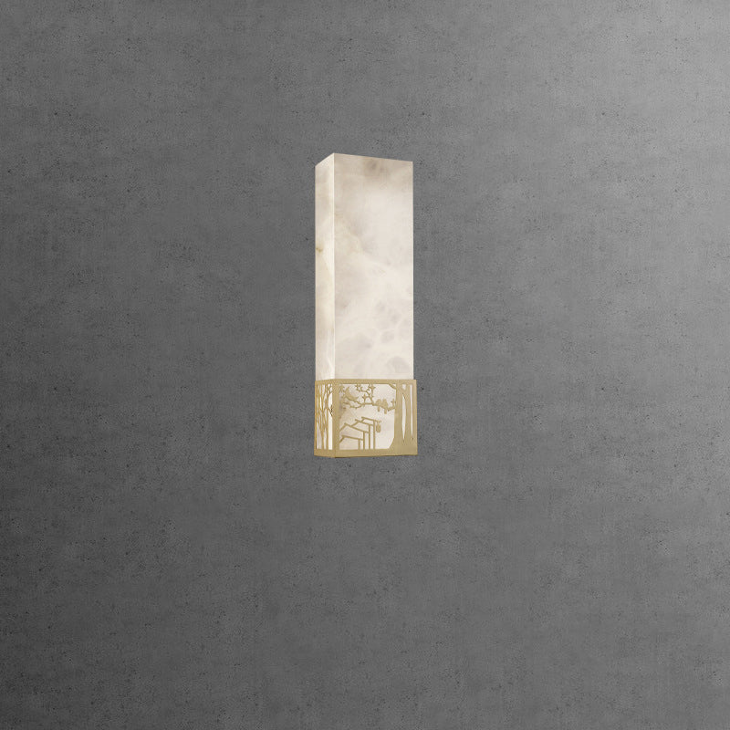 Applique murale LED rectangulaire en marbre chinois traditionnel cuivre fleur de prunier naturelle pour chevet 