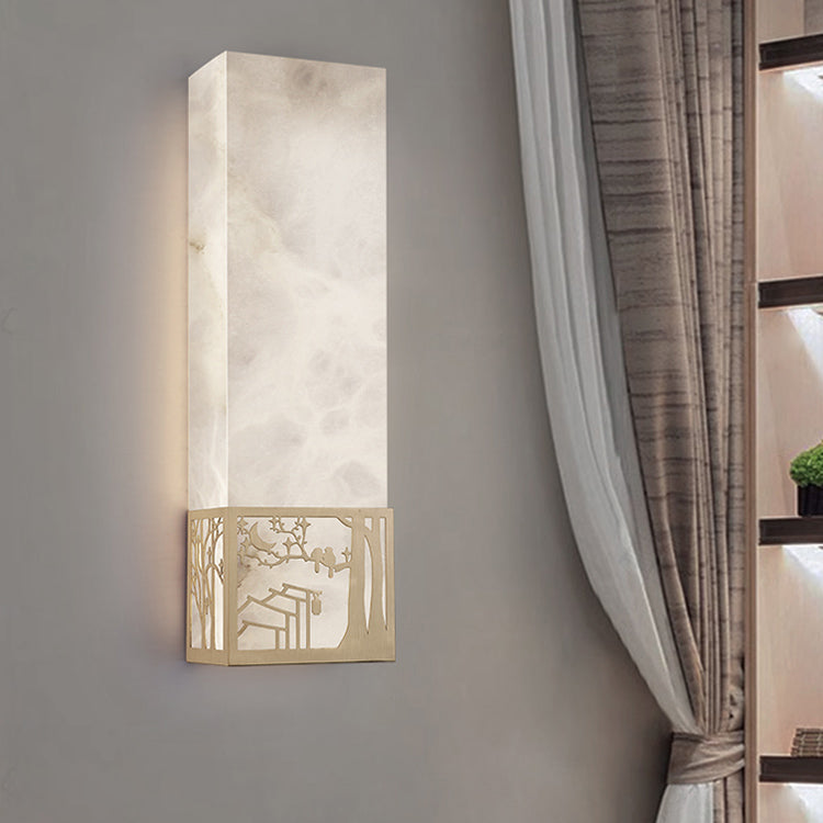 Applique murale LED rectangulaire en marbre chinois traditionnel cuivre fleur de prunier naturelle pour chevet 