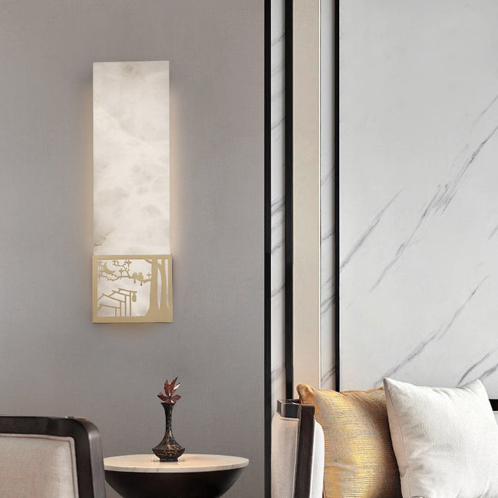 Applique murale LED rectangulaire en marbre chinois traditionnel cuivre fleur de prunier naturelle pour chevet 
