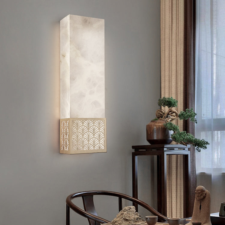 Applique murale LED rectangulaire en marbre chinois traditionnel cuivre fleur de prunier naturelle pour chevet 