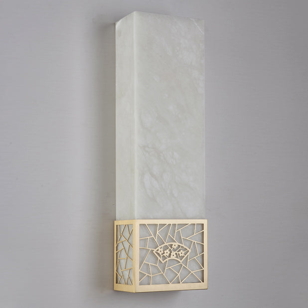 Applique murale LED rectangulaire en marbre chinois traditionnel cuivre fleur de prunier naturelle pour chevet 
