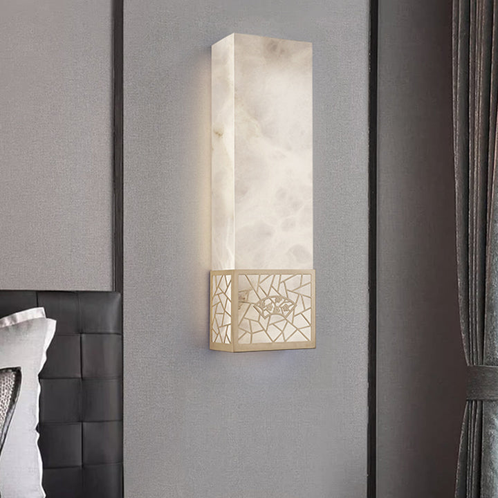 Applique murale LED rectangulaire en marbre chinois traditionnel cuivre fleur de prunier naturelle pour chevet 