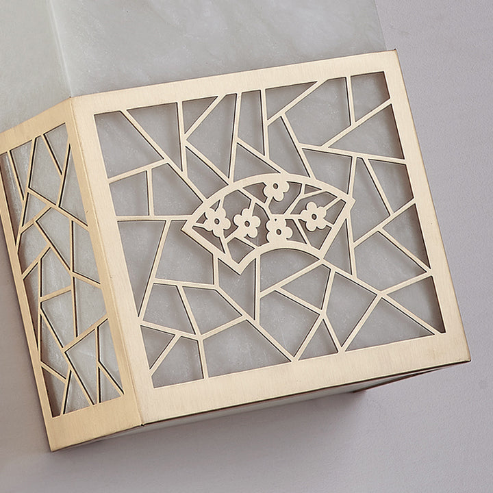 Applique murale LED rectangulaire en marbre chinois traditionnel cuivre fleur de prunier naturelle pour chevet 