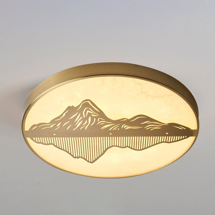 Plafonnier LED rond en laiton avec marbre chinois traditionnel et paysage pour chambre à coucher 