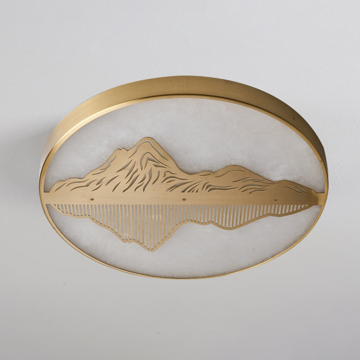 Plafonnier LED rond en laiton avec marbre chinois traditionnel et paysage pour chambre à coucher 