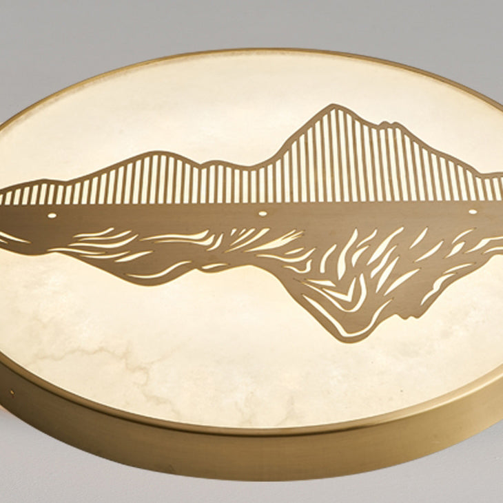Plafonnier LED rond en laiton avec marbre chinois traditionnel et paysage pour chambre à coucher 