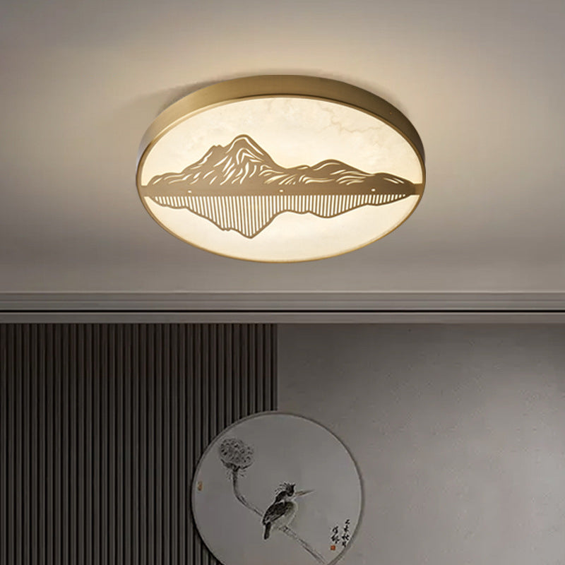 Plafonnier LED rond en laiton avec marbre chinois traditionnel et paysage pour chambre à coucher 