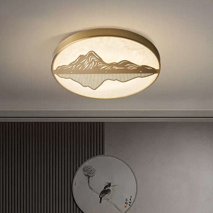 Plafonnier LED rond en laiton avec marbre chinois traditionnel et paysage pour chambre à coucher 