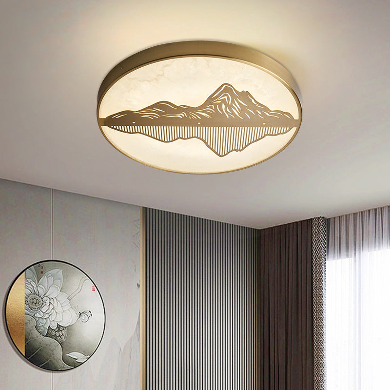 Plafonnier LED rond en laiton avec marbre chinois traditionnel et paysage pour chambre à coucher 