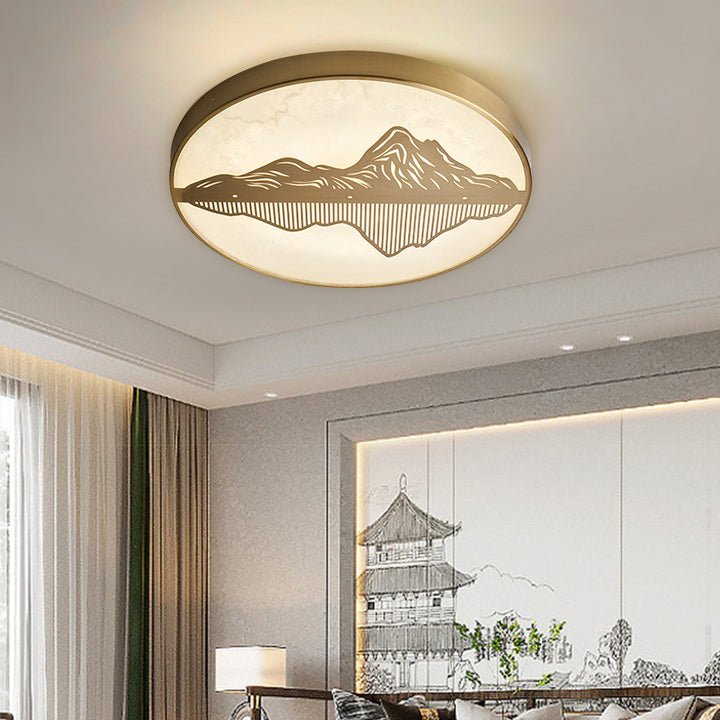 Plafonnier LED rond en laiton avec marbre chinois traditionnel et paysage pour chambre à coucher 