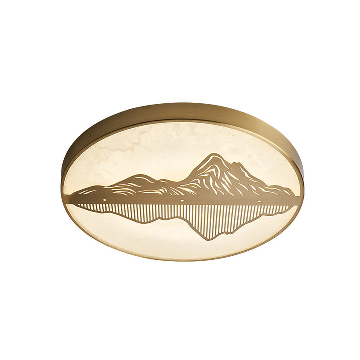 Plafonnier LED rond en laiton avec marbre chinois traditionnel et paysage pour chambre à coucher 