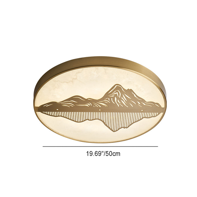 Plafonnier LED rond en laiton avec marbre chinois traditionnel et paysage pour chambre à coucher 