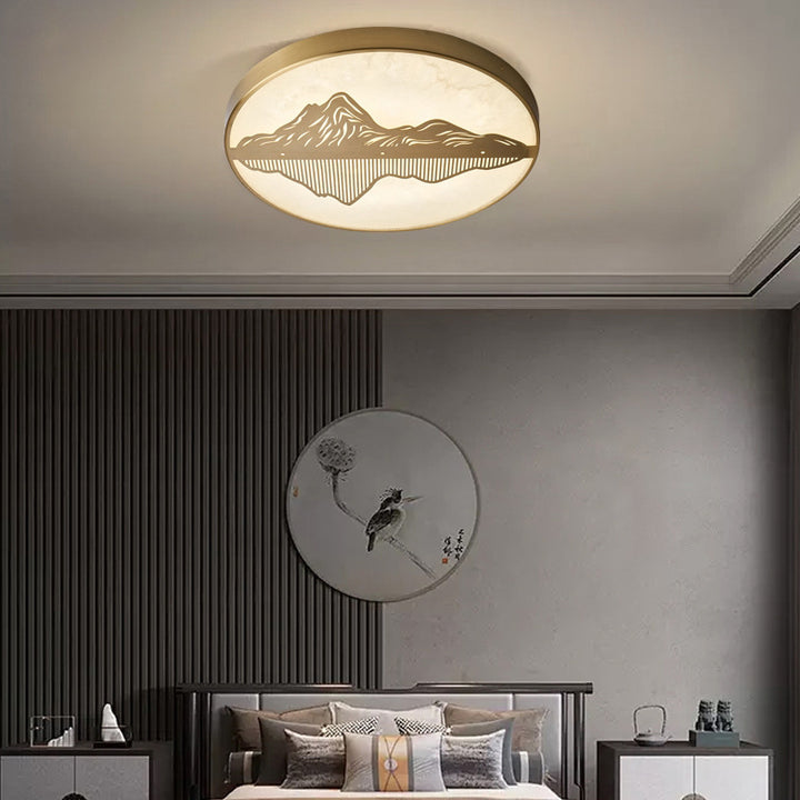 Plafonnier LED rond en laiton avec marbre chinois traditionnel et paysage pour chambre à coucher 