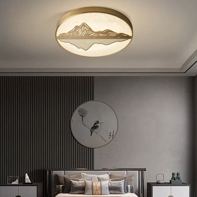 Traditionelle chinesische Marmor Messing Landschaft Runde LED Unterputz Deckenleuchte für Schlafzimmer 