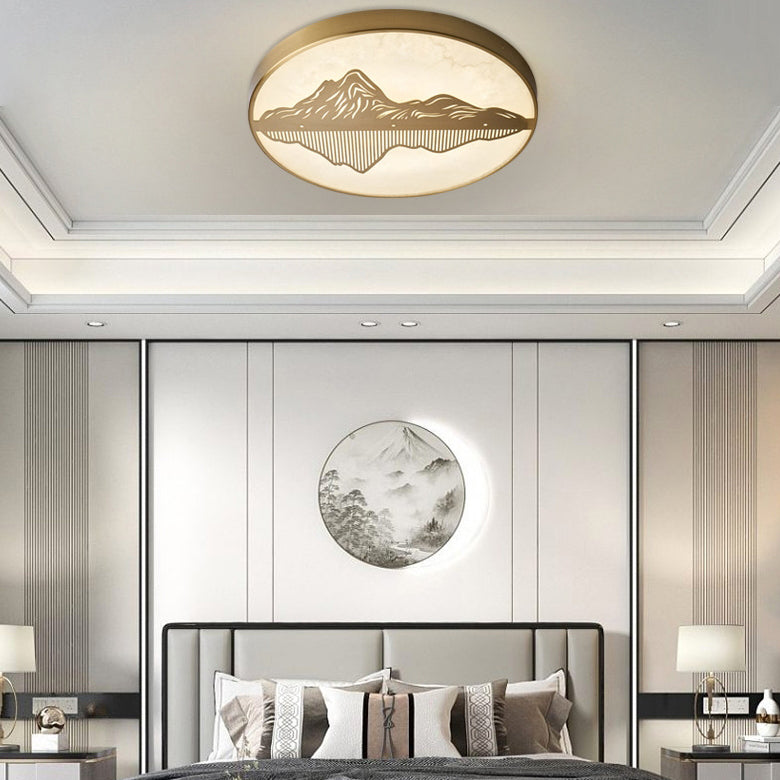 Plafonnier LED rond en laiton avec marbre chinois traditionnel et paysage pour chambre à coucher 