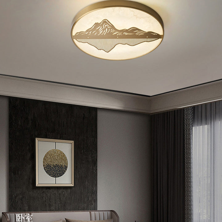Plafonnier LED rond en laiton avec marbre chinois traditionnel et paysage pour chambre à coucher 