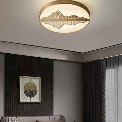 Traditionelle chinesische Marmor Messing Landschaft Runde LED Unterputz Deckenleuchte für Schlafzimmer 