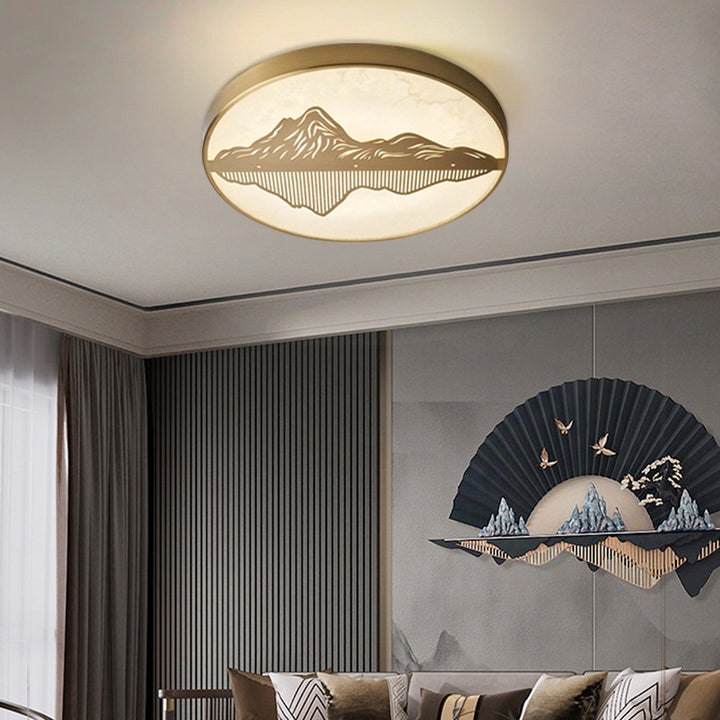 Plafonnier LED rond en laiton avec marbre chinois traditionnel et paysage pour chambre à coucher 
