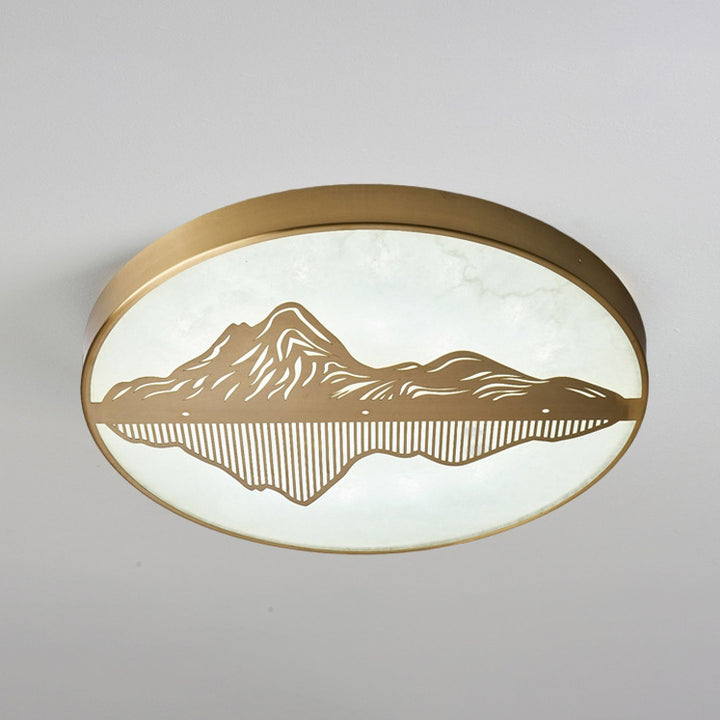 Plafonnier LED rond en laiton avec marbre chinois traditionnel et paysage pour chambre à coucher 