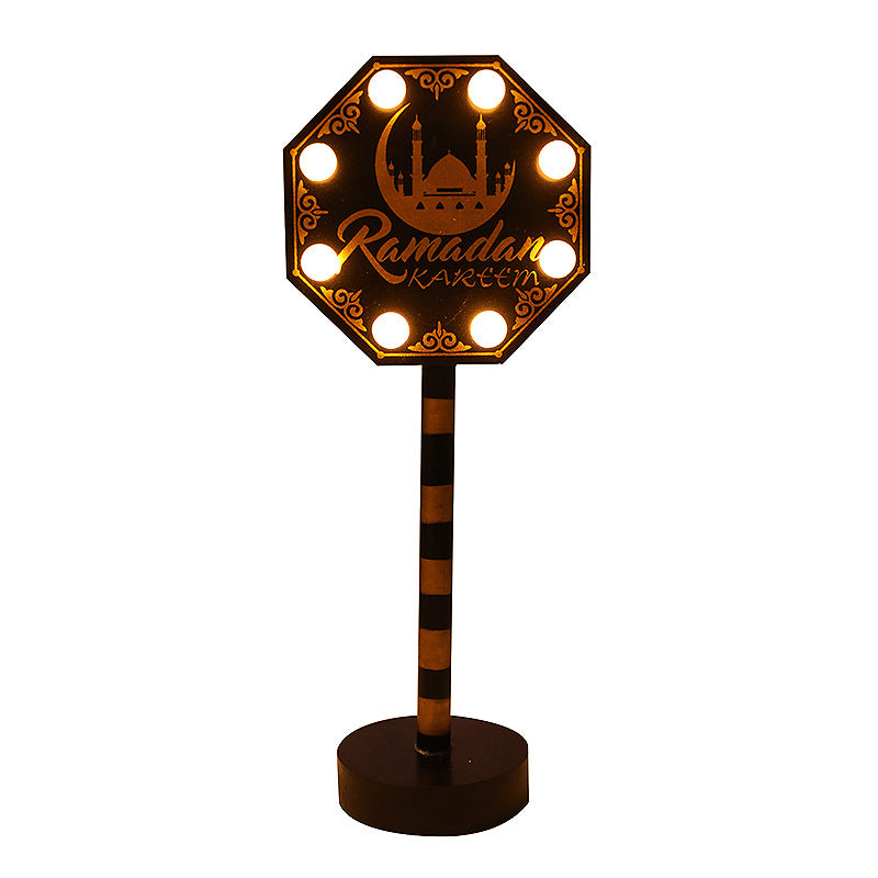 Contemporary Creative Battery Decorative Road Sign Moon Star Round Wood Metal LED Table Lamp For Bedroom
